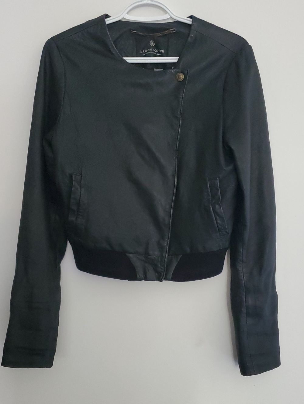 Maison Scotch Cropped Leather Moto Bomber Jacket